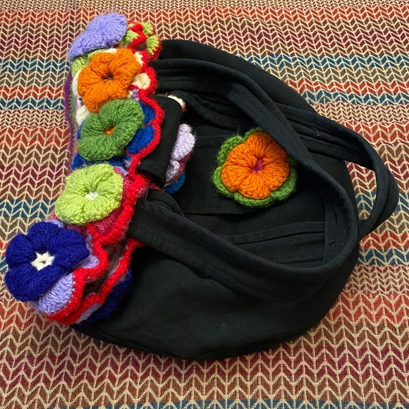 Super Cute Hand Made Unique Crochet Multicolored 3D Floral Black Shoulder Bag - Picture 14 of 15